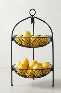 Panier de rangement moderne à 2 niveaux en treillis métallique noir pour fruits, avec poignée supérieure, bol en métal ouvert à deux couches, support de cuisine - Product Image 3