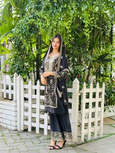 Indian Boutique Designer Black Embroidered Georgette <b>Top</b> With Palazzo And Dupatta Set For Women Traditional Indian Wedding Wear - Product Image 1