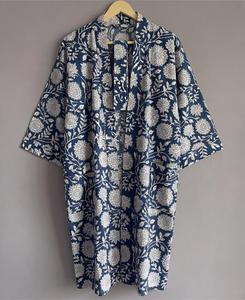 Robes décontractées respirantes à manches longues, col en V, fermeture à cordon, imprimées numériquement, en coton tricoté 100% fait main, motif floral - Product Image 1