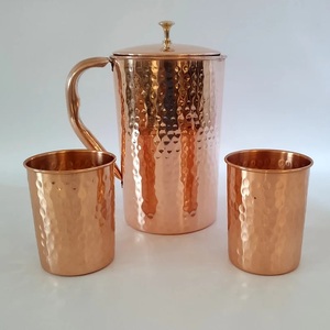 Pichet à eau en cuivre martelé avec couvercle et 2 verres – Kit de service vintage en métal pour boissons – Vaisselle en cuivre pur pour usage domestique - Product Image 3