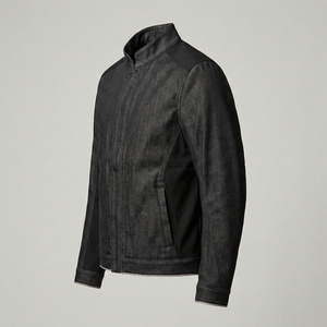 Textured Black Charcoal Men Stand Collar Full Zip Denim Jacket Contrast Panels Custom Logo Private Label OEM Streetwear Clothing - Product Image 4