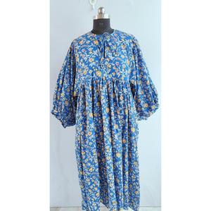 Vintage Blue Yellow Floral Block Print Cotton Midi <b>Dress</b> with Puff Sleeves Tie-Neck <b>Loose</b> Fit Casual Summer <b>Dress</b> For Women - Product Image 1