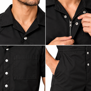 Men's <b>Black</b> Cotton Work Coverall <b>Jumpsuit</b> <b>Short</b> Sleeve Button Front Chest Pocket Breathable Uniform Overall Full Length Pants - Product Image 2
