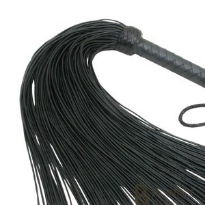 Black Leather Flogger Whip With Braided Handle And Multiple Strands - Product Image 3