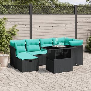 Set Divano da Giardino in Polyrattan Nero con Cuscini, 7 Pezzi, Arredamento da Esterno Stile Contemporaneo per Giardino, Capacità 6 Posti - Product Image 1