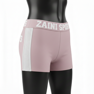 Shorts de mujer tipo booty, premium, de poliéster y spandex, suaves y elásticos, color rosa, con paneles laterales de malla, logotipo personalizado. - Product Image 4