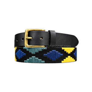 Ceinture décontractée tressée à la main avec accents bleus et jaunes, en cuir grainé, boucle en laiton, style Gaucho classique - Product Image 1