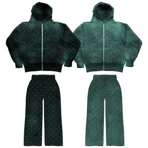 Ensemble de survêtement pour homme avec sweat à capuche zippé à strass, pantalon large coupe oversize délavé à l'acide, style streetwear, logo personnalisé, vente en gros - Product Image 4