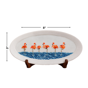 Plateau de service décoratif artisanal géométrique moderne en marbre Pietra Dura avec incrustation de flamants roses - Product Image 2