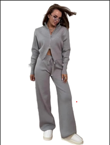 Ensemble décontracté gris pour femme : pull court à capuche tissé et pantalon large, coupe ample, couleur unie, respirant, idéal pour l'hiver et le quotidien - Product Image 1