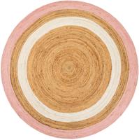 Tapis rond artisanal en jute naturelle avec bordure rose et blanche, tapis écologique de style bohème et farmhouse