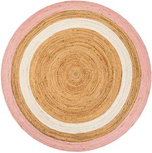 Tapis rond artisanal en jute naturelle avec bordure rose et blanche, tapis écologique de style bohème et farmhouse - Product Image 2
