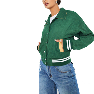 Chaqueta Clásica de Béisbol Varsity para Mujer, de Pana Bicolor, con Ribete a Rayas, Bolsillos Dobles, Manga Larga, para Actividades al Aire Libre - Product Image 4