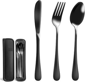 Ensemble de couverts en acier inoxydable noir avec cuillère, fourchette et couteau dans un étui de voyage, design minimaliste, léger, manche long, finition miroir - Product Image 1