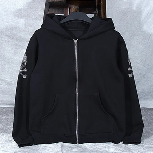 Sudadera con Capucha y Cremallera para Hombre, Color Negro, Diseño de Calaveras con Pedrería, Corte Regular, Informal, Otoño, Tela French Terry - Product Image 1