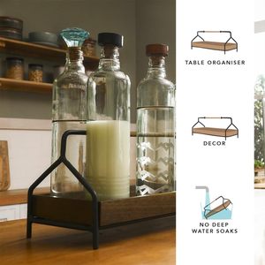 Plateau porte-bouteilles rustique en bois avec poignées en métal noir, organiseur décoratif pour bouteilles en verre, support de comptoir de cuisine style ferme - Product Image 3