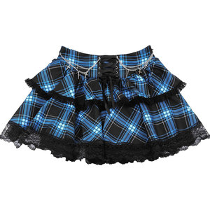 Women's <b>Mini</b> Tartan Gothic Skirt Tie Waist Lace Up Double Layered Ruffles Skirt Set with Metal Chains - Product Image 1