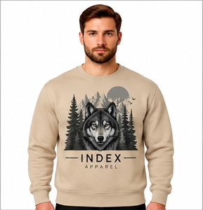 Sweat-shirt à col rond beige pour homme Index Apparel, imprimé loup montagne, coupe classique, vêtement décontracté pour l'automne - Product Image 1