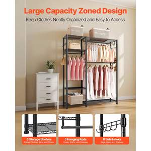 Heavy Duty 6-Tier Adjustable Steel Frame Clothing <b>Garment</b> <b>Rack</b> 800 Lbs Load Capacity 3 Hanging Rods for Bedroom Closet Wardrobe - Product Image 2
