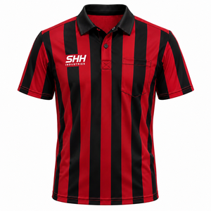 Polo d'arbitre rayé rouge et noir pour hommes, col noir, poche poitrine, manches courtes, maillot de performance professionnel pour officiels de football - Product Image 1