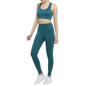 Women's 3-Piece Seamless Solid Pattern Gym Wear Set High Waist Leggings & Medium Support <b>Bra</b> Short Top Custom Logo Printing - Product Image 2