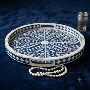 Bandeja de Servir Redonda de Madera con Incrustaciones de Hueso Hecha a Mano, Plato Decorativo con Patrón Azul para Hogar, Bodas, Hotel - Product Image 4