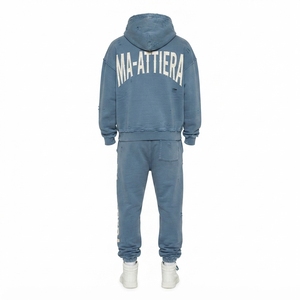 Custom Blue Washed Distressed <b>Oversized</b> Hoodie and Jogger <b>Sweatpants</b> Men Two Piece Streetwear Tracksuit Set - Product Image 3