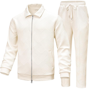 Men's Cream Cotton <b>Knitted</b> Tracksuit <b>Set</b> Stand Collar Casual Sportswear Breathable Solid Color Spring Wear - Product Image 5