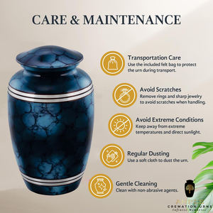 Urne funéraire en métal marbré bleu foncé pour cendres humaines |   Urne funéraire décorative pour adultes avec bandes argentées |   AMBLE DECOR 220 - Product Image 5