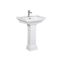 Lavabo de salle de bain rectangulaire sur pied en surface solide, design traditionnel, finition polie, drain intégré, capacité 12L