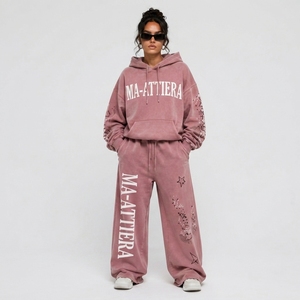 Ensemble survêtement personnalisé pour femme, sweat à capuche rose surdimensionné avec strass et pantalon de survêtement large, OEM ODM Vente en gros - Product Image 1