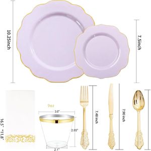 Set di 175 Piatti in Plastica Viola e Posate Dorate Usa e Getta Include 50 Piatti in Plastica Oro Lavanda, 25 Coltelli, 25 Forchette - Product Image 2