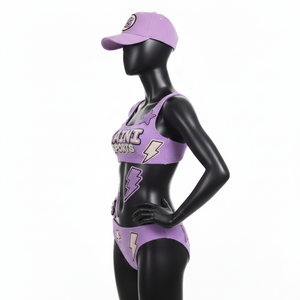 Ensemble de bikini pour femme en tissu extensible texturé polyester élasthanne GSM, haut court sport violet avec logo personnalisé pour ensemble de bikini - Product Image 3