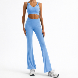 Black High Waist <b>Flared</b> <b>Leggings</b> With Sports Bra Set Women's Activewear Fitness Wear Seamless Workout Outfit - Product Image 6