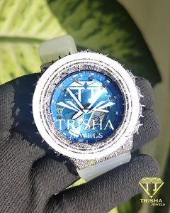 Iced Out VVS Moissanite <b>Diamond</b> Thorn Bezel <b>Watch</b> in 925 Sterling Silver with Blue Dial for Men - Product Image 1