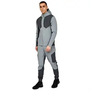 Survêtement gris pour homme avec blocs de couleur, manches longues, capuche, fermeture éclair sur le devant, poches latérales, coupe classique, style sportif décontracté, saison automne - Product Image 1