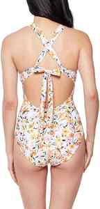 Maillot de bain une pièce floral pour femme, col en V profond, découpes, cordon de serrage avant, taille haute, extensible - Product Image 6