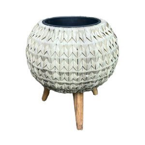 Pot d'intérieur élégant avec finition aspect rotin et support en bois massif - Product Image 1