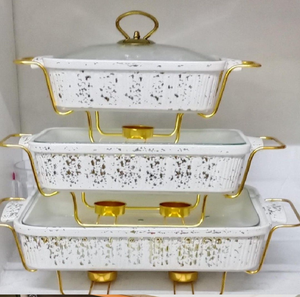 Exclusivo servidor de buffet redondo con acabado dorado y tapa de vidrio texturizado decorativo. Disponible a precios de mayorista. - Product Image 6