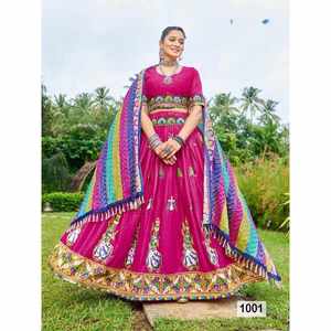 PUNTADA DE CADENA DE ALGODÓN ATRACTIVA CON TRABAJO DE ESPEJO LEHENGA CHOLI CON DUPATTA ROSA - Product Image 1
