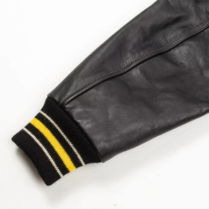 <b>Mens</b> Black Varsity Style <b>Jacket</b> Leather Style Sleeves Quilted Lining Yellow Striped Ribbed Trim Urban Streetwear Fashion - Product Image 6