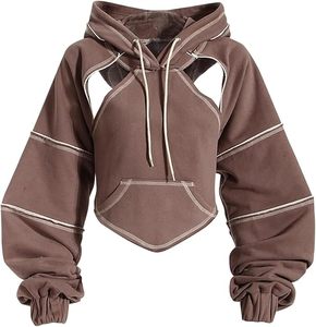 Sudadera Corta con Capucha para Mujer Tallas Grandes, Color Sólido, Manga Larga, Hombros Caídos, Tejido de Punto, Mezcla de Algodón, Informal, para Otoño - Product Image 1