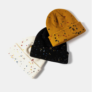Unisex Speckled Knit Beanie Hat 100% Acrylic Cuffed <b>Winter</b> <b>Cap</b> Casual Style for Adults Black Yellow White Dot Pattern - Product Image 4