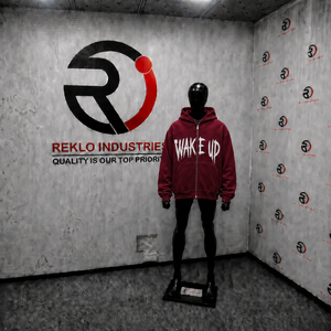 Sudadera con capucha oversize color granate con cremallera para hombre, diseño gráfico personalizado Wake Up, estilo urbano, forro polar grueso, unisex, informal. - Product Image 3