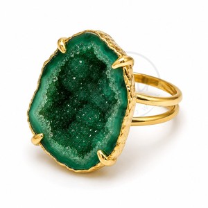 Natural Green Druzy Agate <b>Ring</b> Gold Electroplated Prong Setting Adjustable <b>Statement</b> <b>Ring</b> for Women Handmade Gemstone Jewelry - Product Image 1