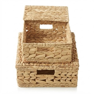 Handwoven Water Hyacinth Storage Basket Rectangle <b>Bin</b> Lid Foldable Organizer for Clothing Home Bathroom <b>Kitchen</b> Office 3-6L - Product Image 2