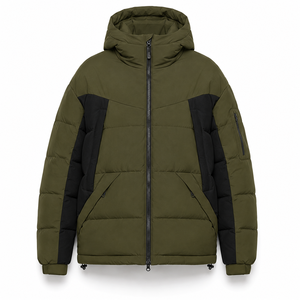 Factory Direct Winter Puffer <b>Jacket</b> Color Block Panels Insulated Hood Custom Embroidery Smooth Black Polyester Lining Outerwear - Product Image 1