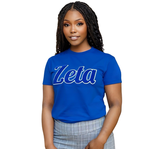 Camiseta Azul de Chenilla Zeta Phi Beta para Mujer, Camiseta Casual Bordada con Letras Griegas de la Hermandad Zeta - Product Image 1