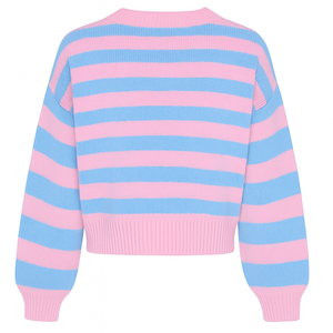 Cardigan en tricot pour femme de qualité supérieure, rose et bleu contrastés, avec logo sur le devant, style décontracté, boutonné, manches longues - Product Image 5