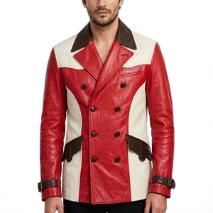Chaqueta de Motocicleta de Cuero Genuino para Hombre Amkoor, Doble Botonadura, Bloques de Color, Cuello Camisero, Estilo Moto, Chaqueta de Invierno - Product Image 1
